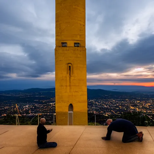 Image similar to An old and friendly looking catholic priest kneeled in prayer at the summit of a tall tower. The night sky is filled with a yellow shadow. 4K photograph, dramatic lighting