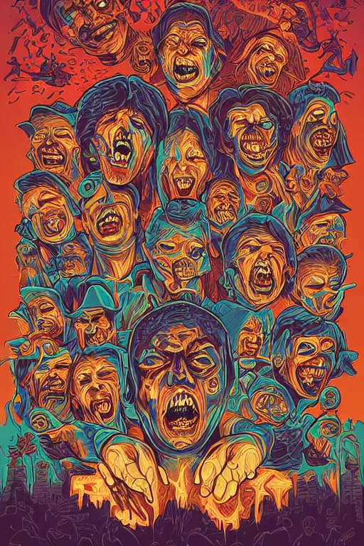 Image similar to twisting faces full of pain pleasure fear love joy and agony, by dan mumford