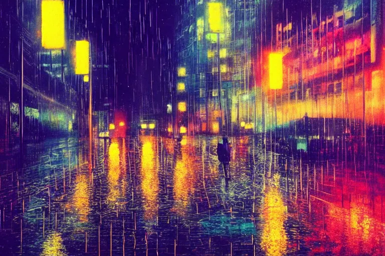 Image similar to city night photography, rain like a dream, oil painting, cinematic, surreal, dramatic, otherworldly, dreamlike, soft volumetric lighting, cyberpunk, basquiat + moebius + francis bacon + gustav klimt + beeple, elevated street art, fantasy lut, textural,