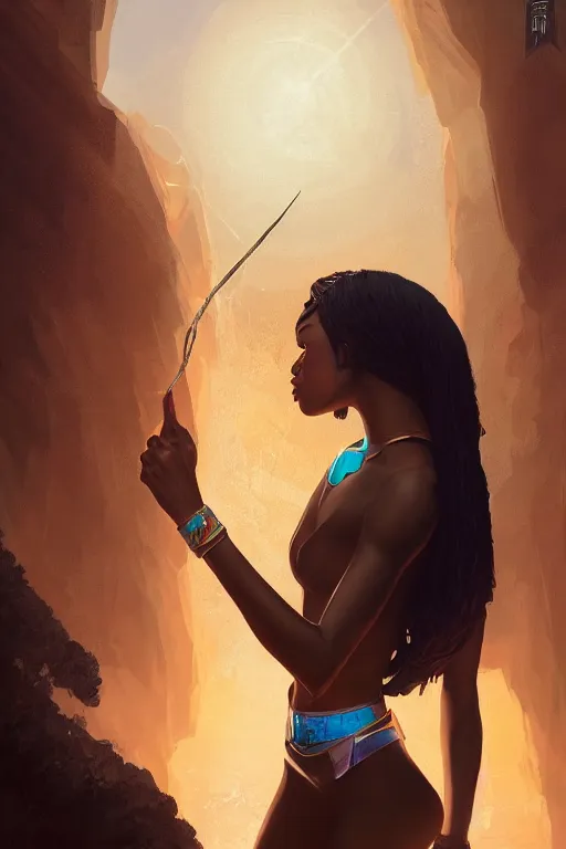 Image similar to a ultradetailed beautiful panting of an egyptian sorceress black woman casting powerful spells, digital oil painting, mysterious cave by ilya kuvshinov, greg rutkowski and makoto shinkai, trending on artstation