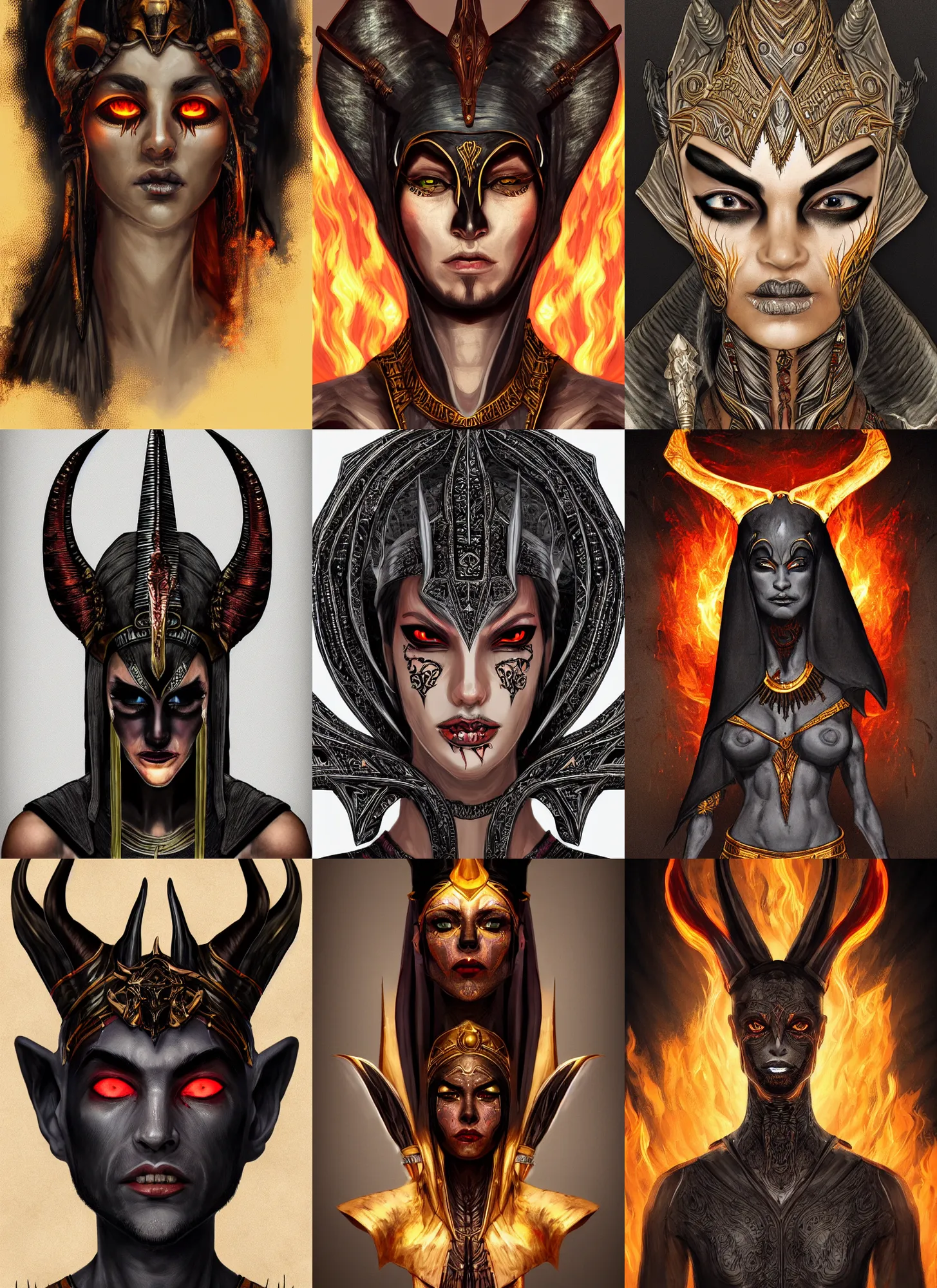 Prompt: black skinny corpse portrait horns, flaming eyes, pharaoh clothes, intricate, dark, highly detailed, artstation, sharp focus, illustration, ledroit