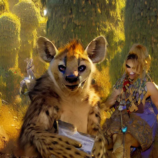 Image similar to a forest with a female hyena hyenawoman canine in wizard robes. zootopia fursona furaffinity furry art detailed face painting by gaston bussiere craig mullins jc leyendecker gustav klimt artgerm greg rutkowski furry