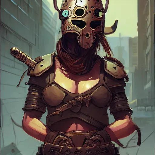 Image similar to cyberpunk viking helmet mask warrior goddess robot ninja fantasy, art gta 5 cover, official fanart behance hd artstation by jesper ejsing, by rhads, makoto shinkai and lois van baarle, ilya kuvshinov, ossdraws