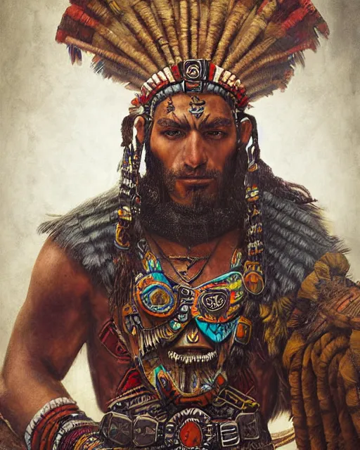 Image similar to digital painting of an aztec shaman by filipe pagliuso and justin gerard, symmetric, fantasy, detailed, intricate, portrait, sharp focus, tarot card, handsome, gwent