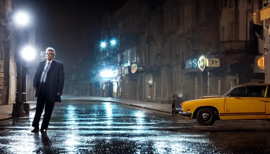 Prompt: hyper-realistic and anamorphic 2010s movie still of Josip Broz Tito in a street a night, by Paolo Sorrentino, Leica SL2 30mm, beautiful color, high quality, neon billboards and streetlight, rain, lens flare