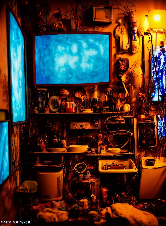 Image similar to telephoto 7 0 mm f / 2. 8 iso 2 0 0 photograph depicting the feeling of chrysalism in a cosy cluttered french sci - fi ( ( art nouveau ) ) cyberpunk apartment in a dreamstate art cinema style. ( ( computer screens, sink ( ( ( fish tank ) ) ) ) ), ambient light.