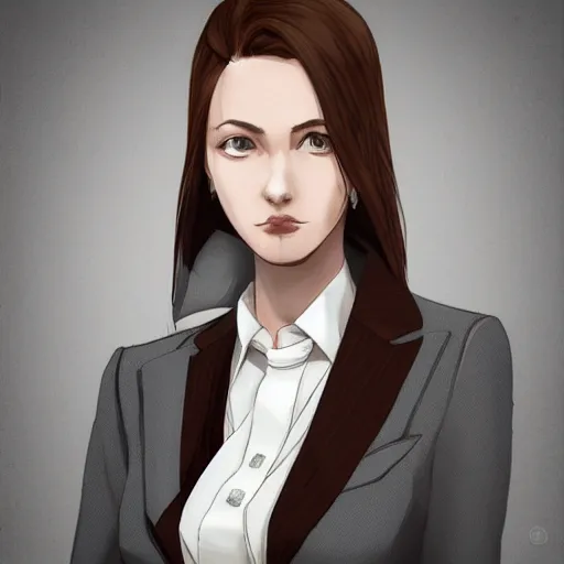 Prompt: woman in grey business suit, brown neat hair, pixiv, fanbox, trending on artstation, portrait, modern, sleek, highly detailed, formal, serious, determined, competent, colorized, smooth, charming, pretty, safe for work