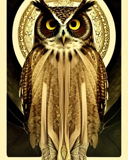 Image similar to beautiful owl, emotionally evoking symbolic metaphors, in focus, fantasy, ornamental, intricate, elegant, highly detailed digital painting, artstation, concept art, painterly, golden ratio, sharp focus, illustration, art by John Collier and Krenz Cushart and Artem Demura and Rafael and Alphonse Mucha,