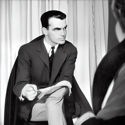 Image similar to photo of batman in an interview, photo taken by nina leen