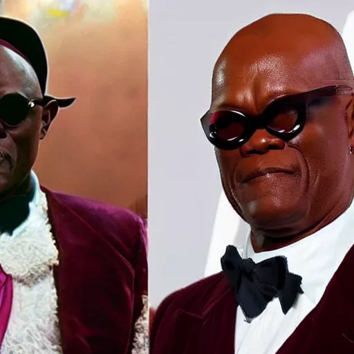 Image similar to Tom Hanks as Samuel L. Jackson dressed as Willy Wonka