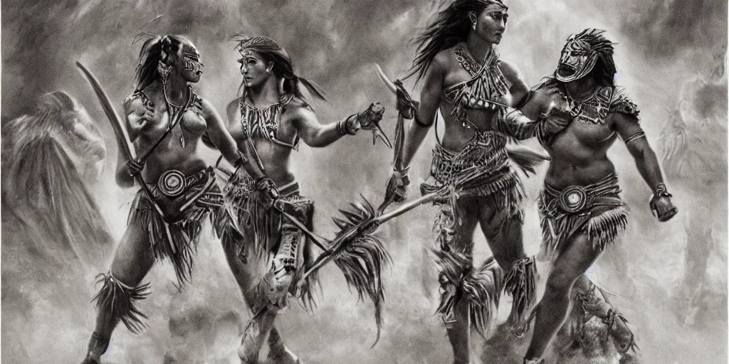 Prompt: movie, beautiful distanced aztec warrior females runs into each other, epic, vintage, black and white, Boris vallejo, sepia, apocalypto