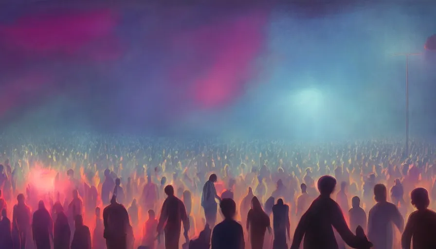 Image similar to painting of a crowd reaching towards the glowing sky, volumetric lighting, nasty, hyperdetailed, realistic