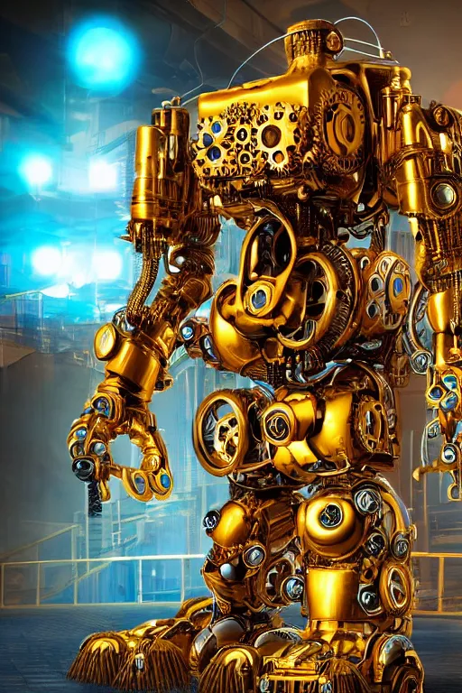 Image similar to portrait photo of a giant huge golden and blue metal steampunk robot with gears and tubes, robot is a vaccuumcleaner, on the wet floor are mop and bucket, eyes are glowing red lightbulbs, shiny crisp finish, 3 d render, 8 k, insaneley detailed, fluorescent colors, background is multicolored lasershow