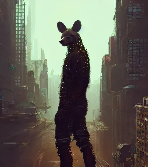 Prompt: new york city portrait of furry anthro anthropomorphic spotted hyena head animal person fursona wearing clothes strange cybernetic shiny metal muzzle gloomy rainy screenshot from the video game cyberpunk 2077 digital art by Greg Rutkowski, Simon Stalenhag, christopher nolan trending on Artstation, CGSociety