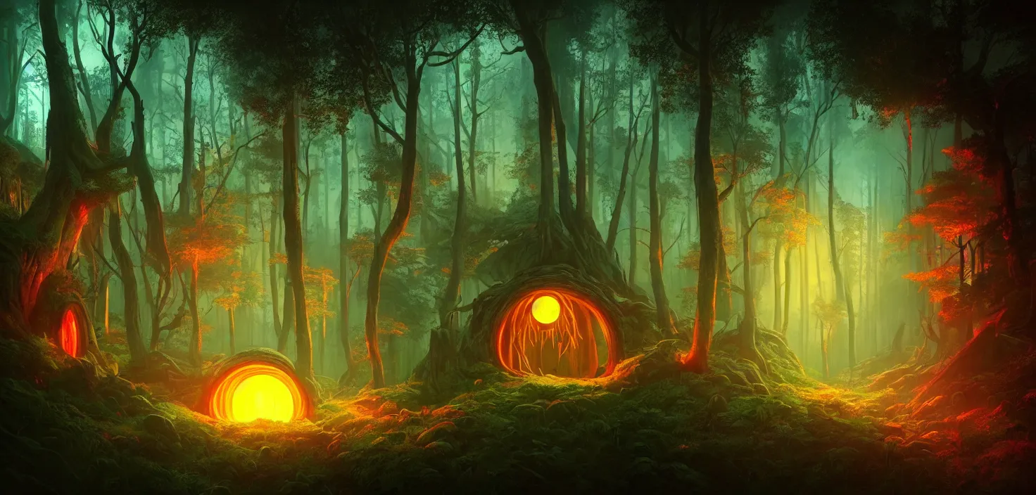 Image similar to random scary forest house landscape, round glowing vivid colour neon portal, incredible, vector art, octane render, fabulous, hyper detailed, random cinematic view, no noise, global illumination, warm lighting, volumetric, godrays, vivid, beautiful, by jordan grimmer