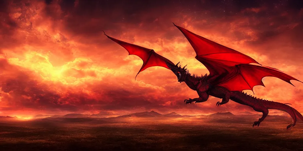 Prompt: landscape image with enormous red dragon flying through the sky, extremely detailed digital matte painting, clear skies, night, vibrant, stunning lighting.