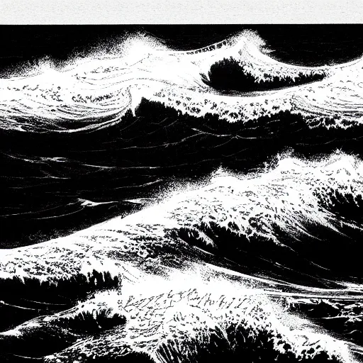 Prompt: ocean swells by Moebius, black and white, fine lines