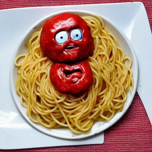 Prompt: spaghetti with meatballs shaped like screaming chucky doll