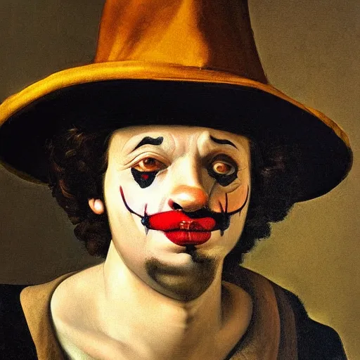 Image similar to detailing character concept portrait of clown by Caravaggio, on simple background, oil painting, middle close up composition