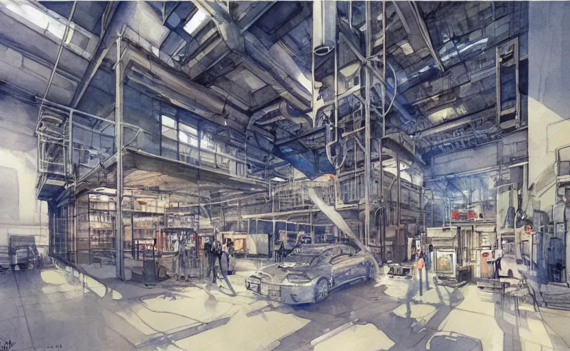 Prompt: concept art of a industrial complex, pinterest, artstation trending, behance, watercolor, by coby whitmore, silver, laser light,