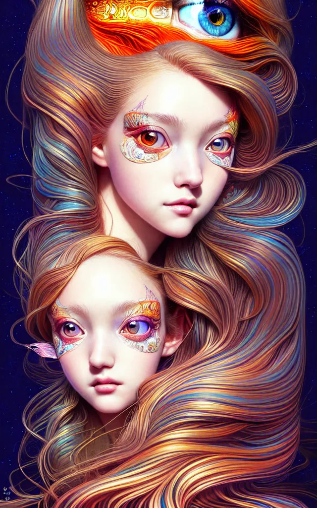 Image similar to fish eye lens view of The Most Beautiful Woman On Earth ,reflections of fire on eye, fantasy, intricate, richly detailed colored 3D illustration of a beautiful ornated cute body with long metallic hair wearing a hoodie and short skirt that is happy and curious. background with completely rendered reflections, art by Range Murata and Artgerm highly detailed, digital painting, trending on artstation, sharp focus, D&D, illustration, style of Stanley Artgerm, perfect smile vogue, awards, model,