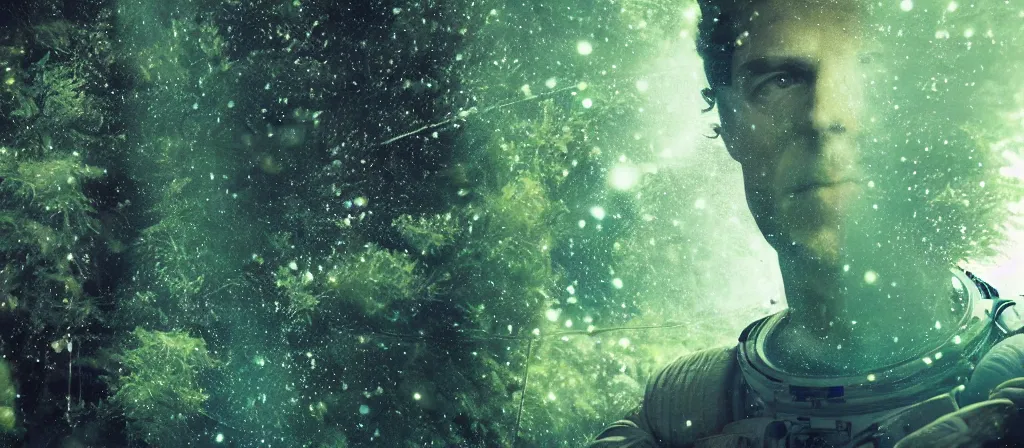 Prompt: extreme close up astronaut portrait, solemn face, double exposure trees, green [ [ [ crystal ] ] ] forest, amethyst, beautiful dynamic lighting, cinematic, wide angle establishing shot, extremely high detail, photo realistic, cinematic lighting, matte painting, interstellar, greg rutkowski, roger deakins