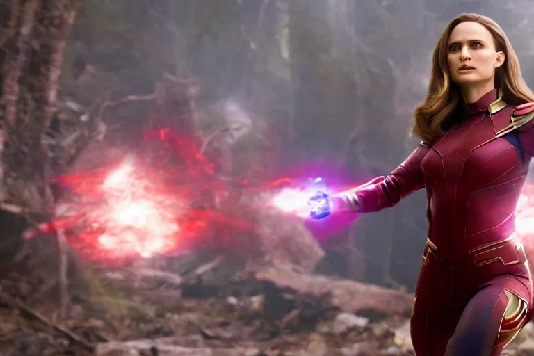 Image similar to film still of Natalie Portman as Wanda Maximoff in Avengers infinity War