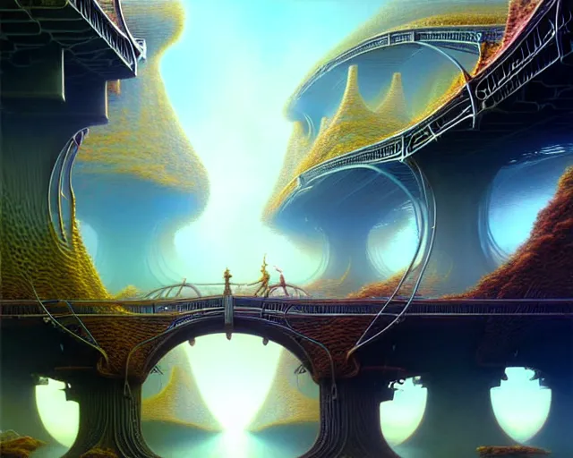 Image similar to street view of a bridge being held up by two handsl, fantasy landscape made of fractals facing each other, ultra realistic, wide angle, intricate details, the fifth element artifacts, highly detailed by peter mohrbacher, hajime sorayama, wayne barlowe, boris vallejo, aaron horkey, gaston bussiere, craig mullins