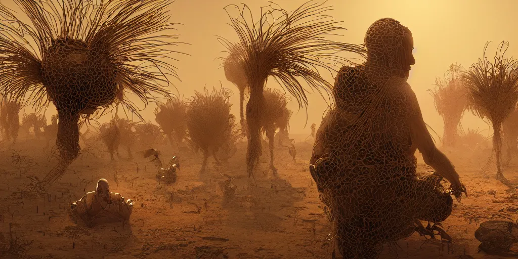 Prompt: A George Miller film, an ornate real character made out of intricate metallic filament webs and Endocrine system built out of dust and light, floating in the desert night, hyper-realism, very detailed feel, rendered in Octane, tiny points of light, caustic, 4k, beautiful lighting