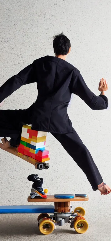 Image similar to kung - fu guy heaving breakfast on a skateboard made in lego