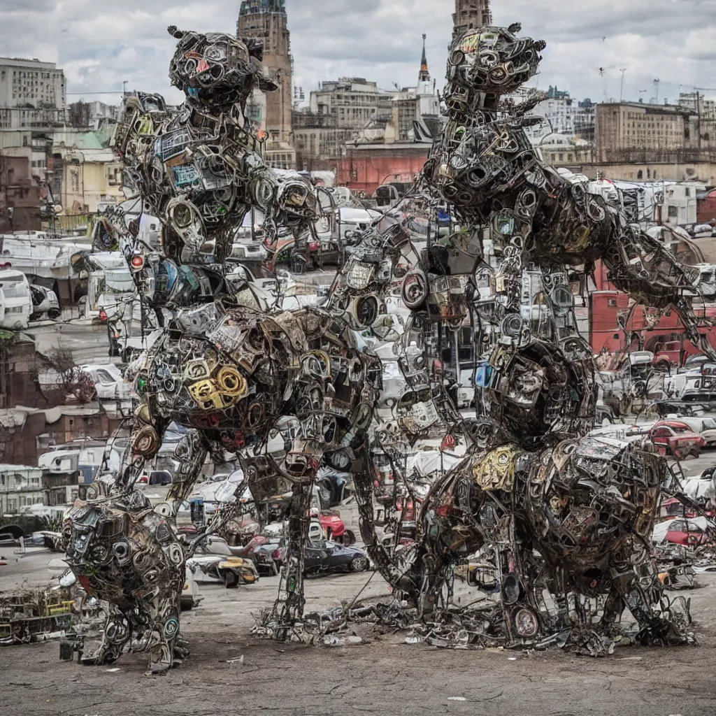 Prompt: big post apocalyptic dog made of junk in moscow