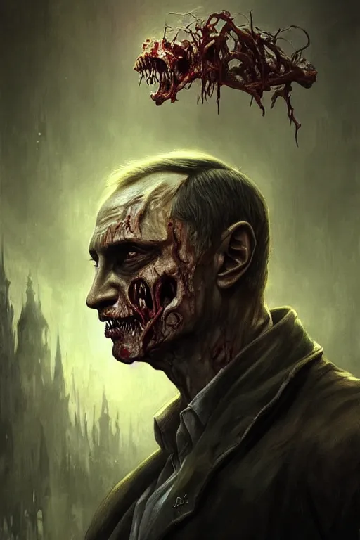 Prompt: Zombie Vladimir Putin, fantasy, portrait, highly detailed, digital painting, artstation, concept art, smooth, sharp focus, illustration, cinematic lighting, art by artgerm and greg rutkowski and alphonse mucha