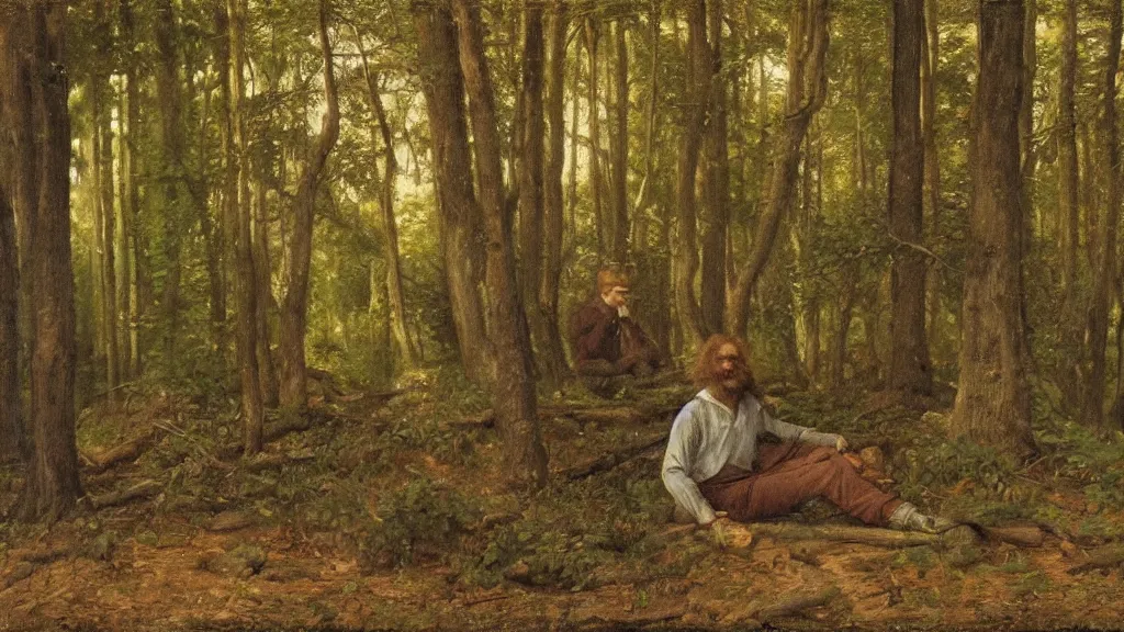 Prompt: a man sitting in the woods pre - raphaelite brotherhood