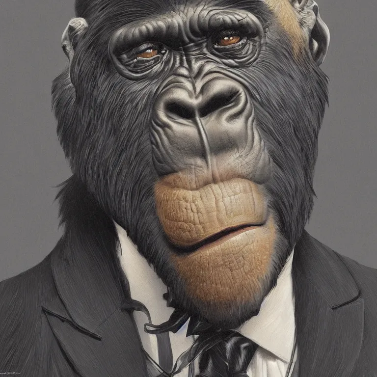 Image similar to a highly detailed Art Nouveau character portrait of a serious gorilla wearing a tailored business suit, intricate, wild, digital painting, artstation, concept art, smooth, sharp focus, illustration, art by artgerm and greg rutkowski and alphonse mucha