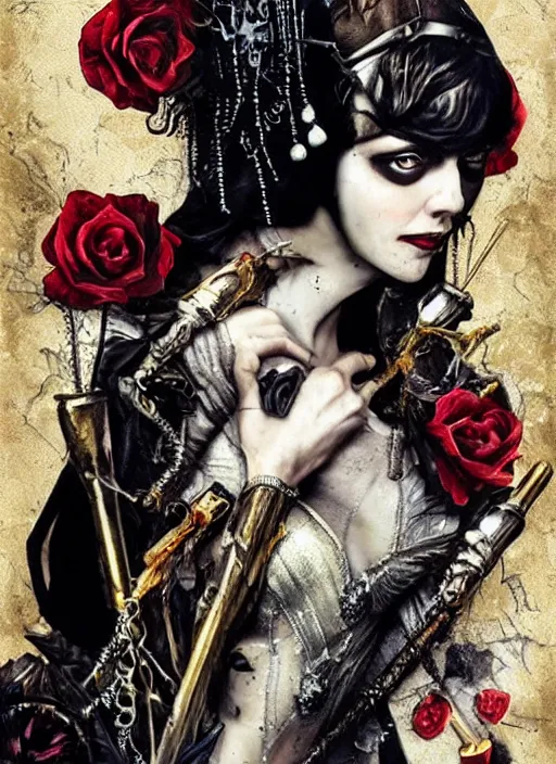 Image similar to tarot card :: horror :: vampires and draculas :: like the great gatsby :: hearts and roses :: gold and silver :: guns and swords :: side profile :: highly details :: intricate details :: Sandra Chevrier and bastien lecouffe deharme