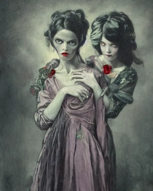 Prompt: a beautiful and eerie baroque painting of two beautiful but creepy siblings wearing vivienne westwood dresses in layers of fear, with haunted eyes and dark hair, 1 9 7 0 s, seventies, wallpaper, a little blood, morning light showing injuries, delicate embellishments, painterly, offset printing technique, by brom, robert henri, walter popp