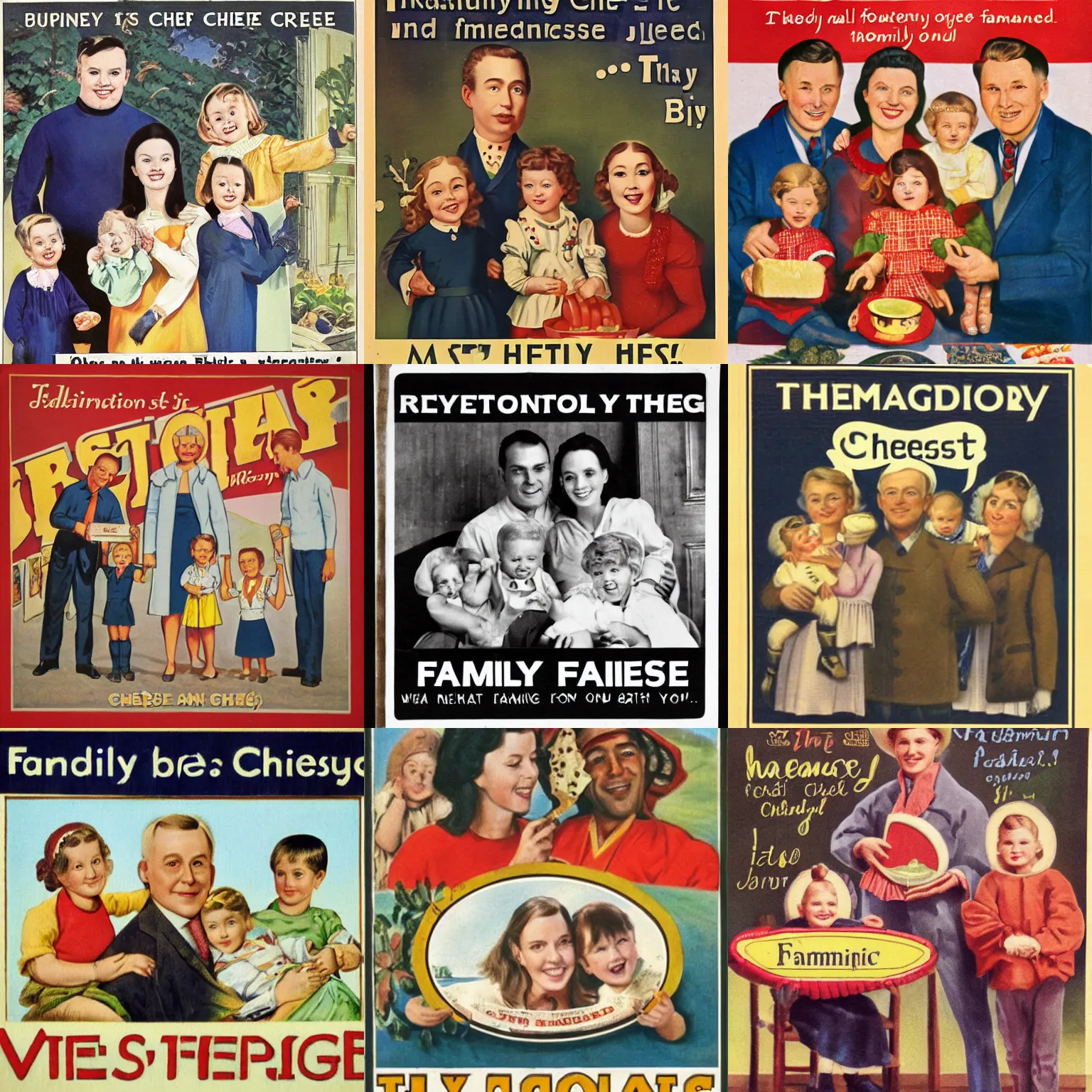 Prompt: traditional family propaganda advertising but everyone is cheese