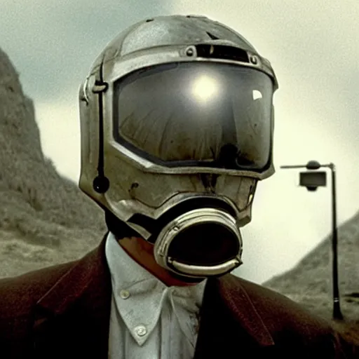 Image similar to movie still of a man with a helmet made of ether, cinematic composition, cinematic light, by edgar wright and david lynch