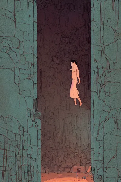 Image similar to a girl sneaking behind a giant wooden door with archaic symbols embedded onto it, in a cave with the waterfall, digital art, illustrated by pascal campion and moebius and victo ngai, comics style