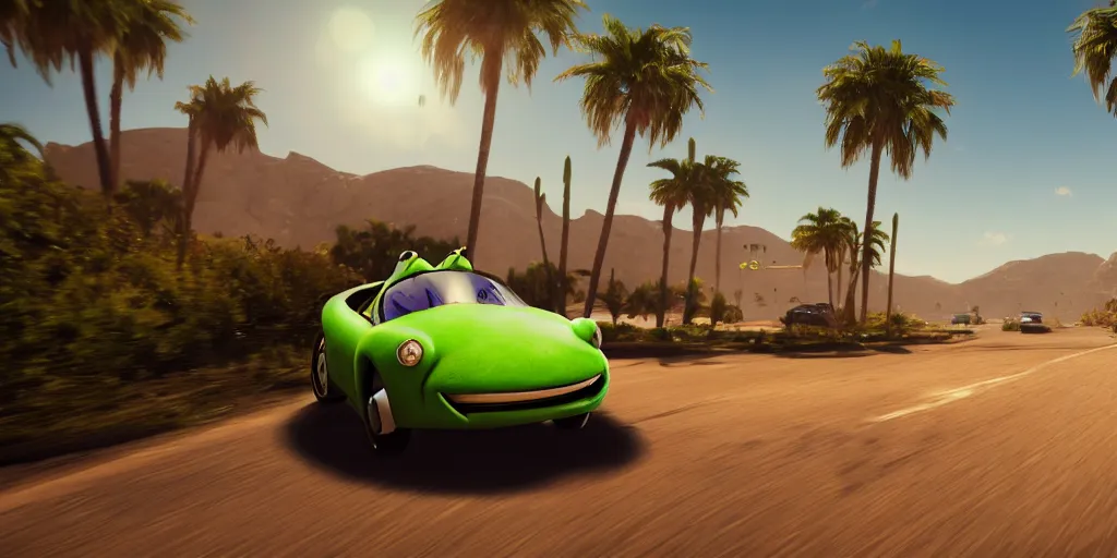 Image similar to kermit driving a car, wlop, palm trees, desert, cinematic lighting, hyperdetailed, 8 k realistic, symmetrical, global illumination, radiant light,, frostbite 3 engine, cryengine, dof, trending on artstation, digital art, chanel