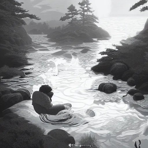 Image similar to character design, twin brothers doing nonsensical stuff in a river or something, in the style of killian eng kawase hasui james jean, artstation trending, 8 k, photorealistic, volumetric lighting caustics, black and white, detailed af