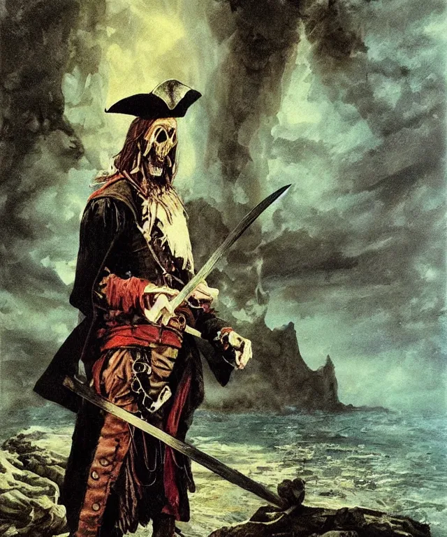 Image similar to ultra realistic color portrait painting of an ghostly 1 7 th century pirate with a sword in a grotto, dark, painted, brooding, atmospheric, seascape, lovecraft, horror, smooth, epic, highly detailed, cinematic, by angus mcbride