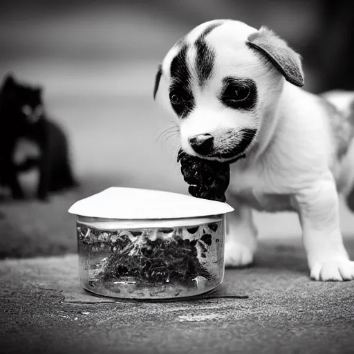 Image similar to black and white photography of a puppie giving some food to baby cat, animal photography, award winning photography by Leonardo Espina