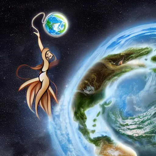 Prompt: Mythological creature holding planet Earth in space