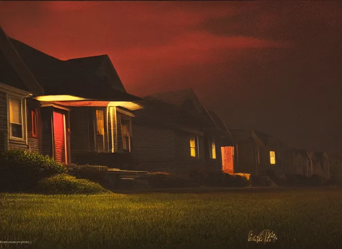 Image similar to small suburban houses in America at night by Edward Hopper, fantasy, moody lighting, dark mood, imagination, cinematic