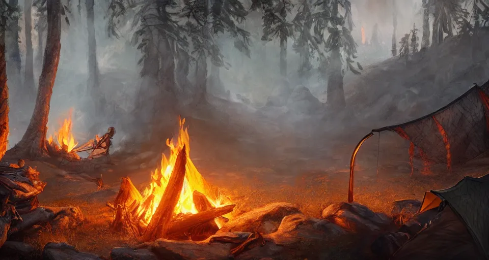 Image similar to an epic fantasy adventurer's tent left alone with a smoldering camp fire, 4 k, extremely detailed. award winning, trending on artstation, 8 k, ultra wide angle