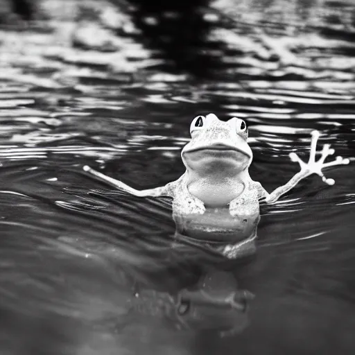 Image similar to a frog in a suit is in a pool, he is cheering and very happy, black-and-white, 50mm