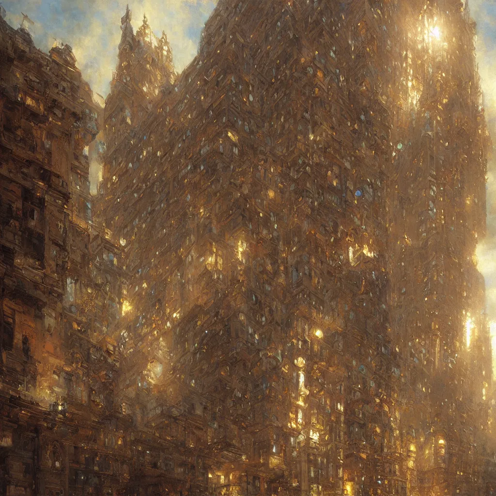 Prompt: detailed cinematic low angle shot of chrysller building, spring light, painting by gaston bussiere, craig mullins, j. c. leyendecker