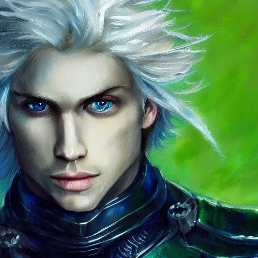 Image similar to oil painting of a beautiful platinum blond curly haired cleanshaven himbo with heterochromia, one blue eye one green eye, wearing heavy armor, d & d fantasy concept art