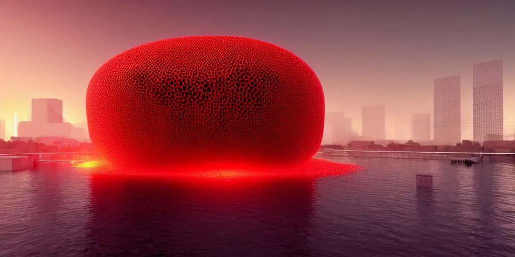 Image similar to An epic architectural rendering of a blob shaped trypophobia house with a mysterious red glow emitting from inside in a modern cityscape next to a river, stunning, gorgeous, golden ratio, photorealistic, featured on artstation, 4k resolution